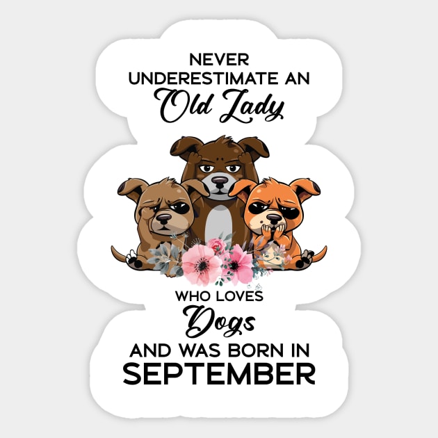 Never Underestimate An Old Woman Who Loves Dogs And Was Born In September Sticker by Happy Solstice